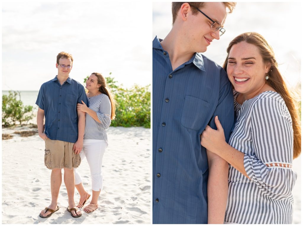 Left photo of guy in blue shirt smiling at the camera while his fiancé holds him by his side smiling on the beach and right photo of her squeezing his arms as she cuddles next to him.