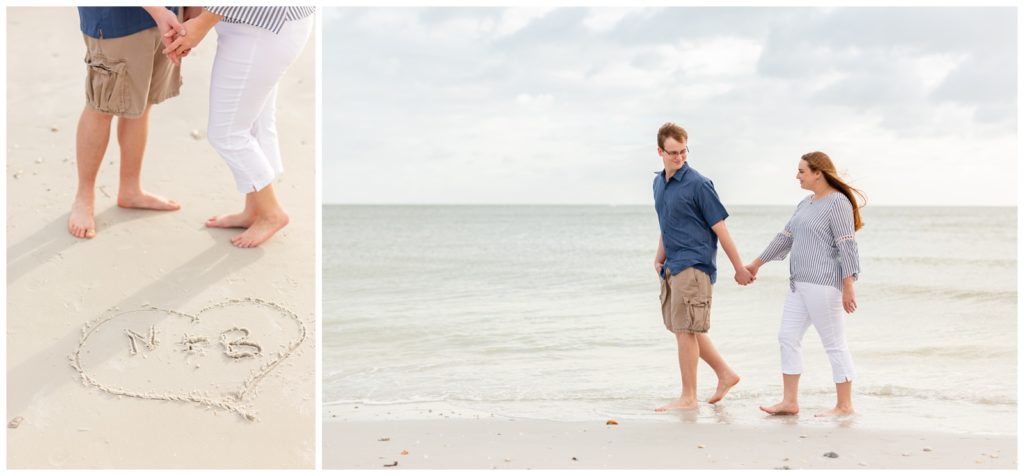Left photo of drawn heart in the sand with N + G in the middle and couple standing above is and right photo of guy leading his fiancé down the beach during sunset at Honeymoon Island. 