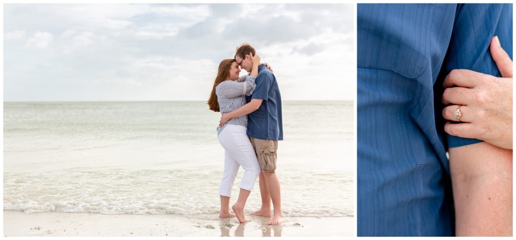 Photo on right is a detail shot of engagement ring while she wraps her fingers around fiancés bicep and left photo of couple holding each other standing on the beach with the water just hitting their feet.
