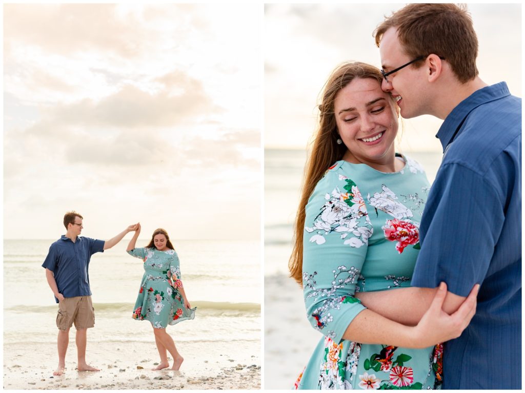 Left photo of engaged girl in flowery blue dress twirling on the sand as fiancé holds her hand and right photo of him going in for a kiss on her temple. 