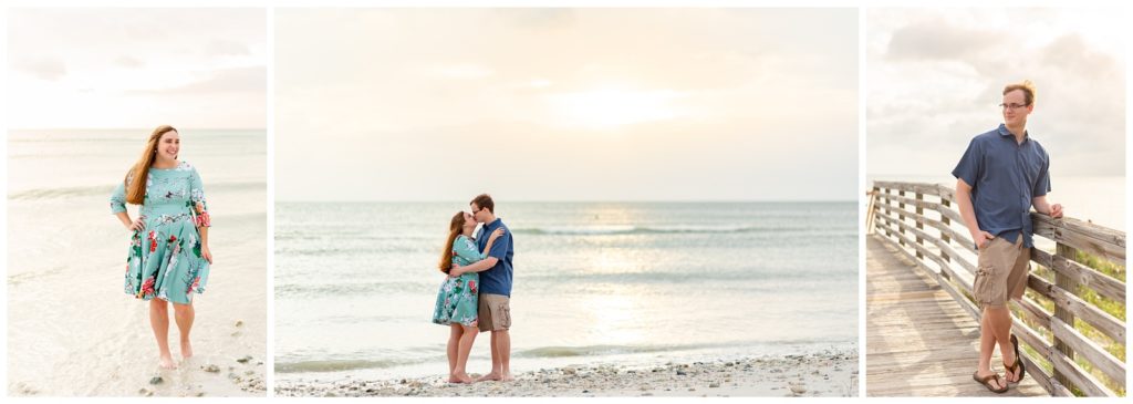 Left photo of engaged girl smiling at the camera in flowery blue dress, right photo of guy in blue polo leaning on the pier and center photo of both kissing as the sun sets at Honeymoon Island. 