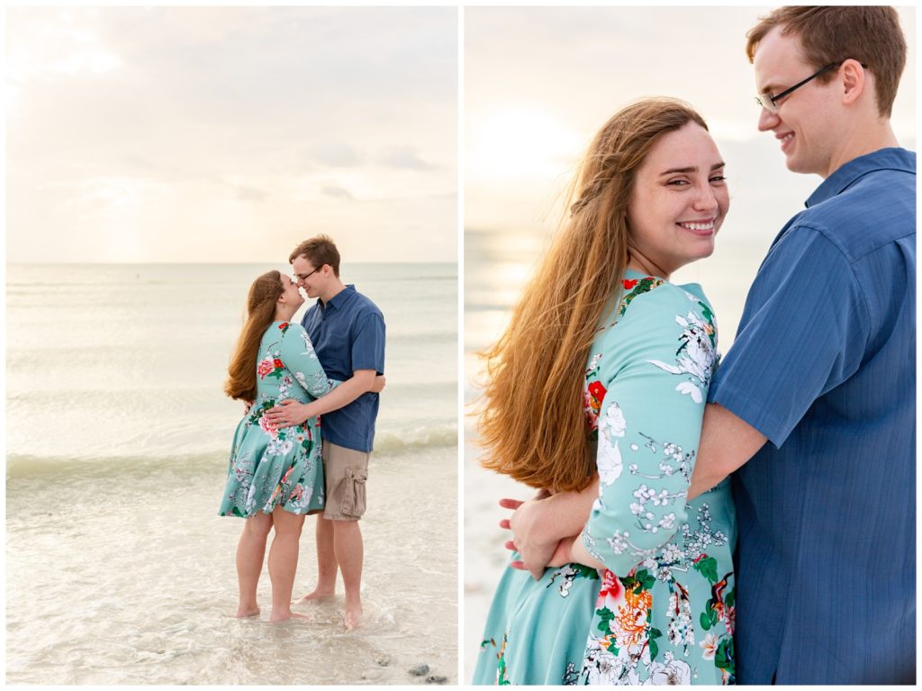 Left photo of engaged couple kissing on the beach with the water coming up to their feet and right photo on couple facing the ocean as she looks back to the camera smiling at Honeymoon Island.