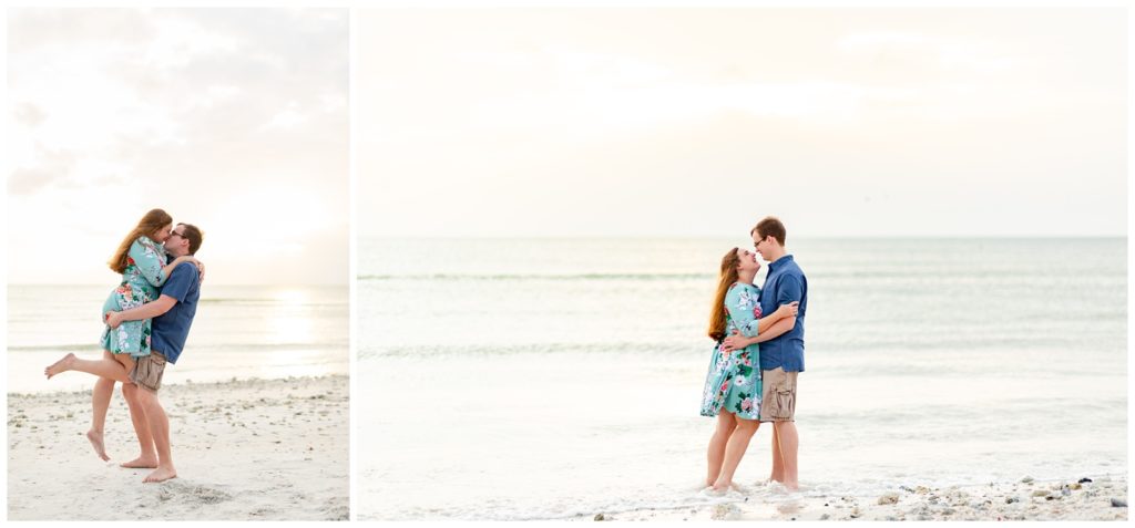Left photo of engaged guy lifting his fiancé and giving her a kiss on the beach and right photo of couple holding each other as they look into each others eyes at Dunedin Florida's Honeymoon Island.