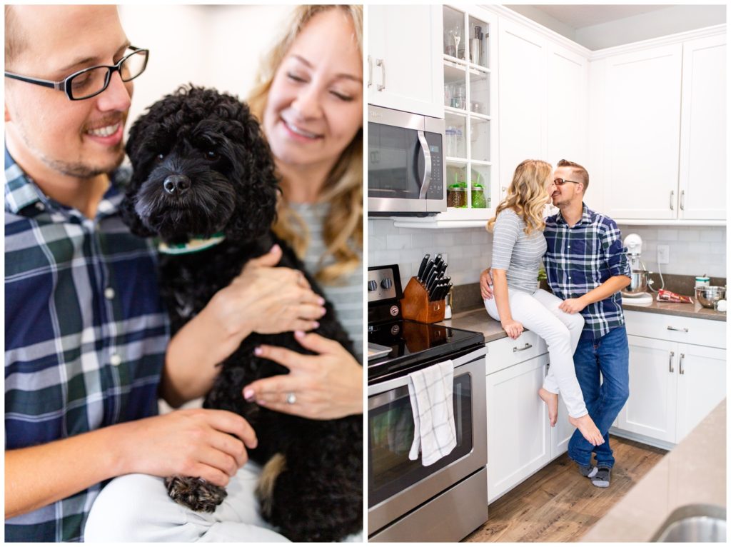 Left photo of close up shot of couple holding their black dog and right photo of couple kissing in white DIY kitchen