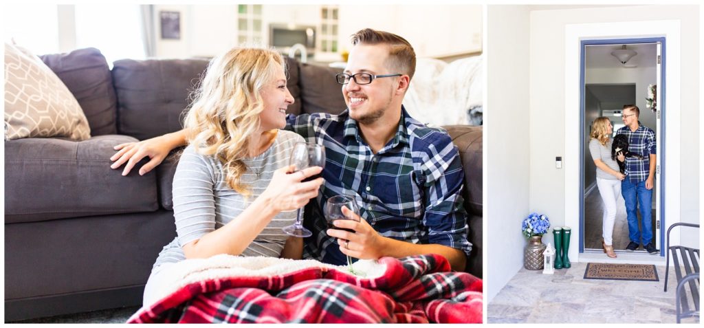 Photo on left of couple sitting in front of couch with red plaid blanket holding wine glasses and right photo of couple under their front door holding black dog in DIY photo session