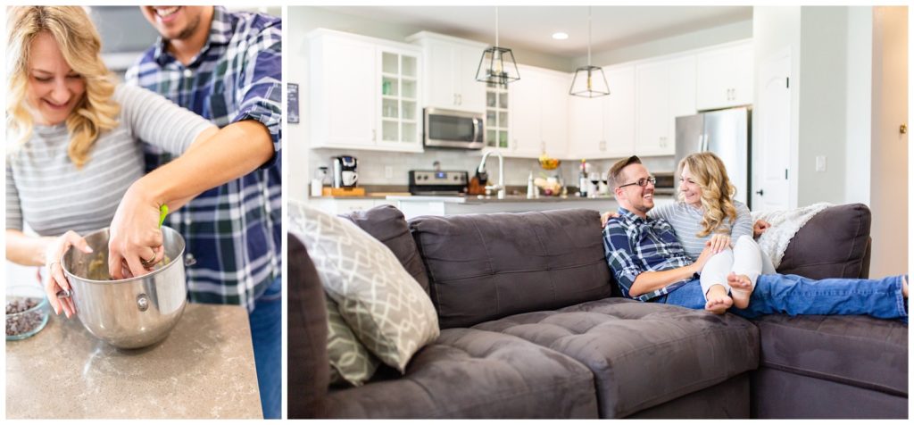 Left photo shows DIY couple mixing cookie dough together and right photo of couple sitting on couch with wife's legs over husband's legs in Tampa Florida.