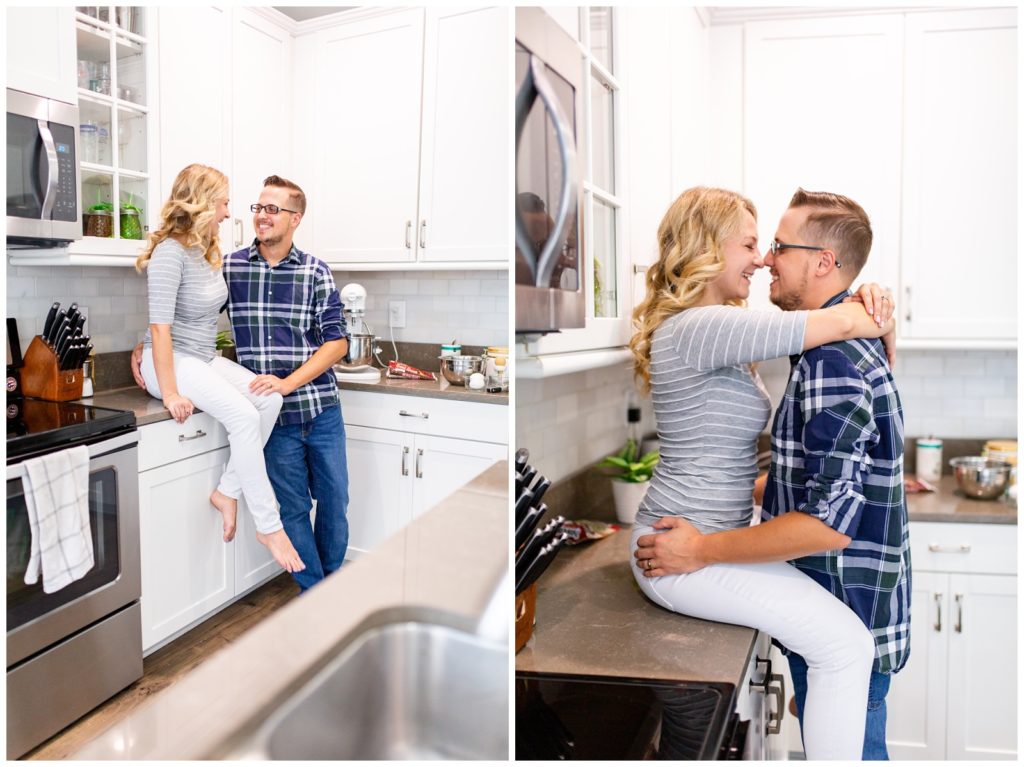Left photo of DIY couple in white kitchen with wife on the counter and husband standing next to her and right photo of wife on counter kissing her husband in Tampa Florida