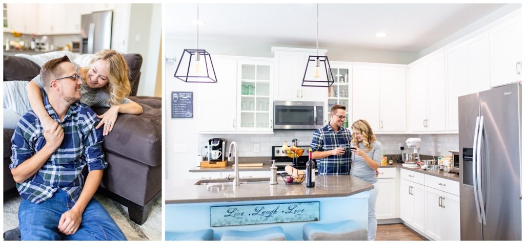Left photo of wife laying across cough looking down and holding her husband sit on ground and right photo of DIY couple sharing a glass of wine in white kitchen Tampa Florida 