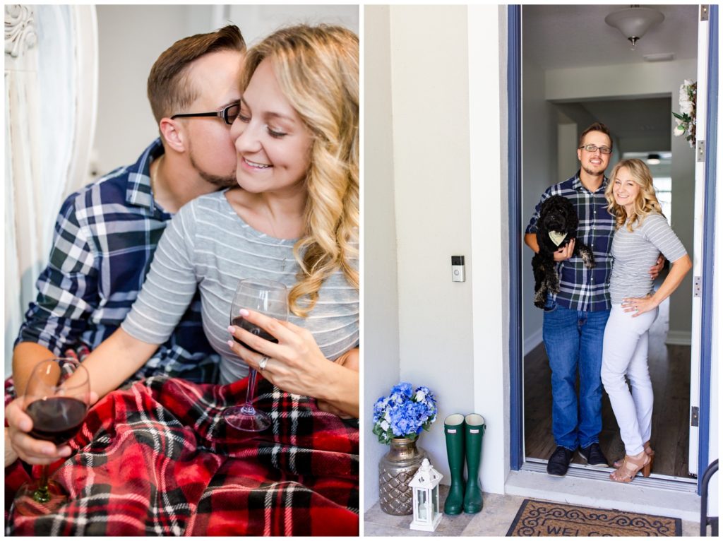 Left photo of DIY couple snuggling in front of fire place with red plaid blanket having a glass of wine and right photo of couple standing under front doorway with their black dog and a welcome mat under them.