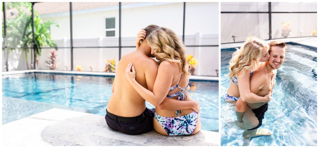 DIY couple sitting on the pool ledge holding each other and right photo of wife on husbands back in a pool in Tampa Florida