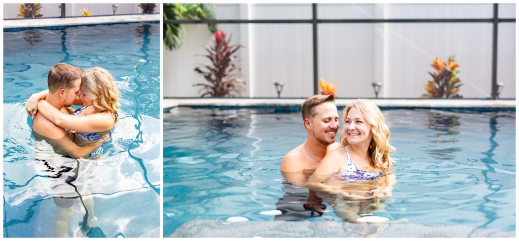 Left photo of DIY couple holding each other in their pool and right photo of husband holding wife from behind on their picture perfect blue pool.