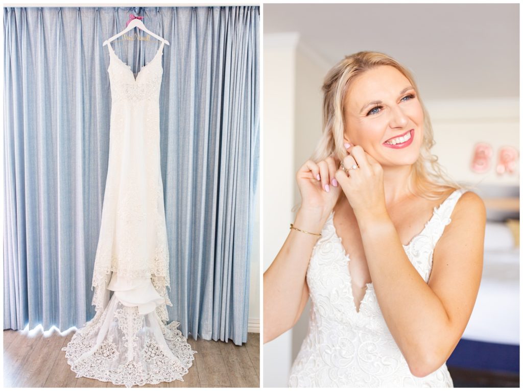 Beautiful wedding dress displayed on blue curtain in left photo and stunning bride putting on earrings and smiling in Tampa Rusty Pelican Wedding