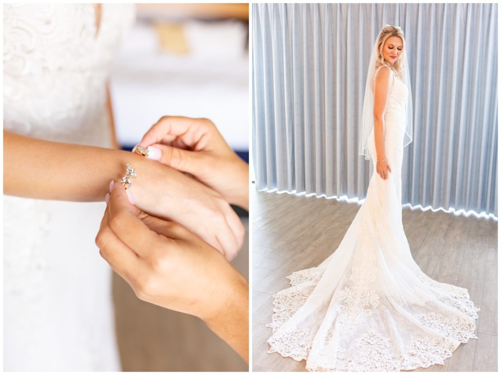 Left photo shows close shot of Maid of Honor putting a bracelet on bride and right photo of bride looking down her shoulder in her wedding dress in Tampa Florida