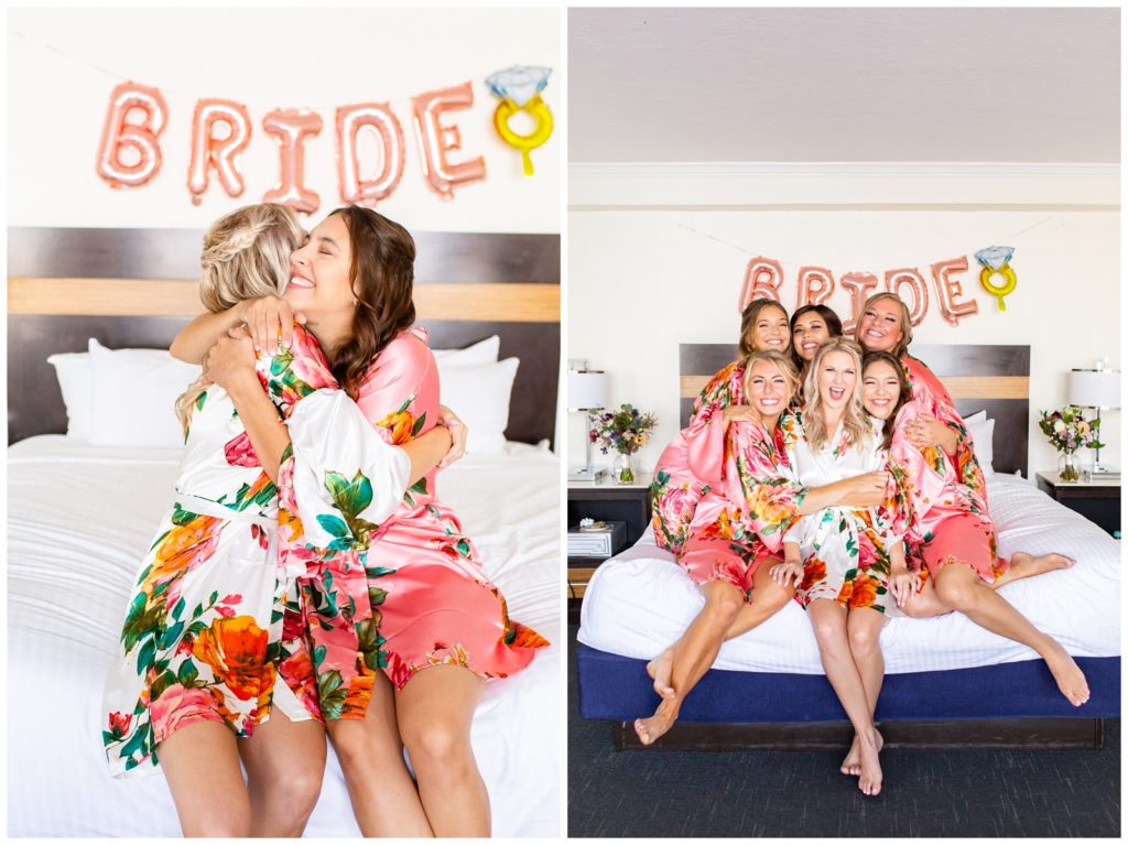 Right photo of bride with her bridesmaids all hugging each other while sitting the bed and left photo of bride giving a huge hug to her maid of honor in wedding morning robes in Tampa Florida