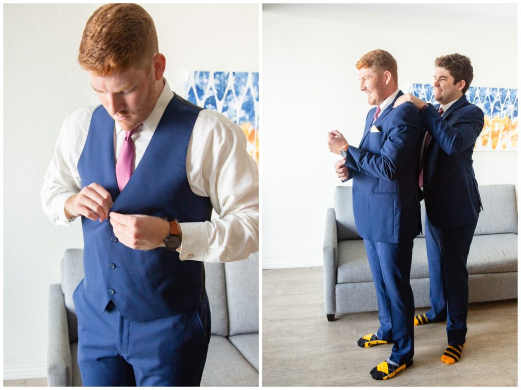 Groom is buttoning his vest in left photo while right photo of best man/brother helping groom put in his blue suite jacket in Tampa Florida.