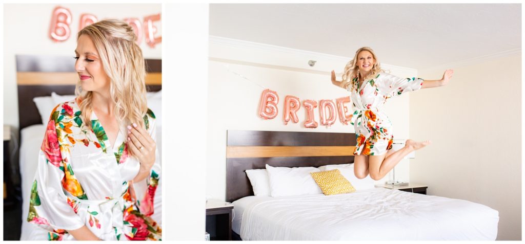 Photo on left of bride holding her hair softly while she looks to the side and photo on left of bride jumping with joy on her bed the morning of her wedding at the Tampa Rusty Pelican