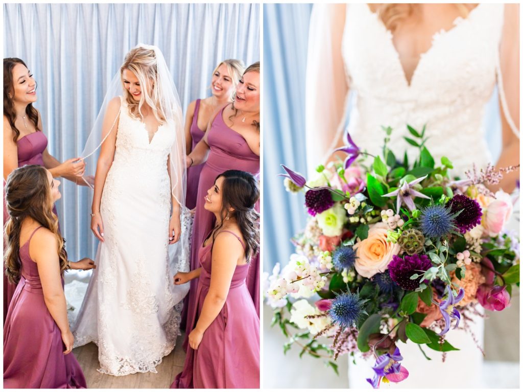Photo on left of bridesmaids helping bride putting on her wedding dress and right photo shows the bride's stunning bouquet in Tampa Florida