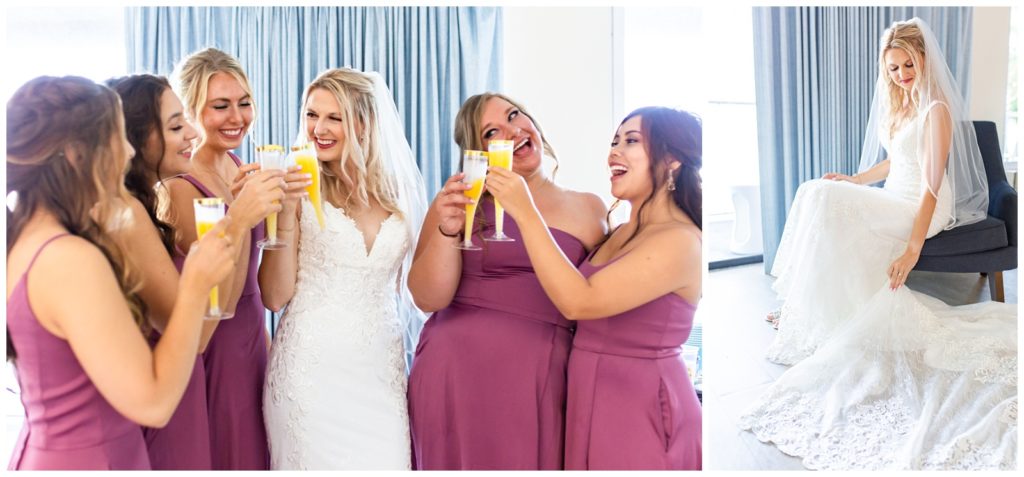 Left photo of bride with bridesmaids cheering mimosas and laughing, photo on right of bride siting while her dress falls to her left side in Tampa Florida 