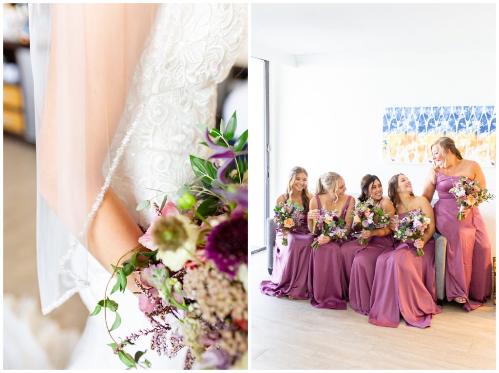 Detail shot of brides dress and bouquet in left photo and bridesmaids sitting on couch smiling and laughing at one another holding their bouquets in Tampa Florida