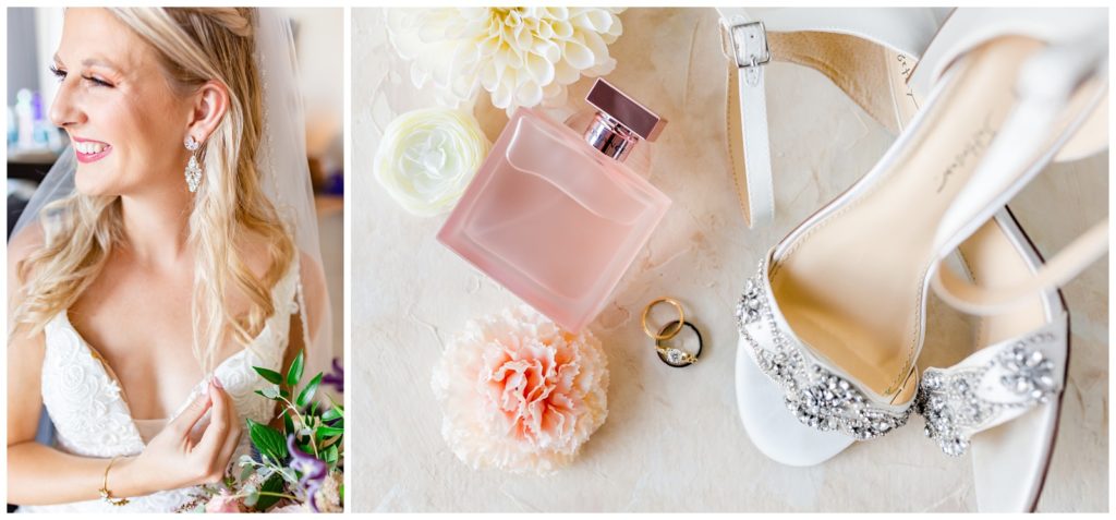 Left photo of Bride holding her hair and smiling off camera, photo on right of wedding details including rings, shoes, perfume and flowers at Tampa Rusty Pelican wedding