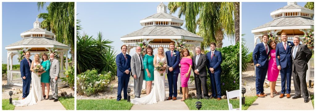 Left photo of bride with her mom, dad and brother in front of gazebo smiling, right photo of groom with mom, dad and brother smiling, center photo of both bride and groom family smiling at Rusty Pelican Wedding in Tampa Florida