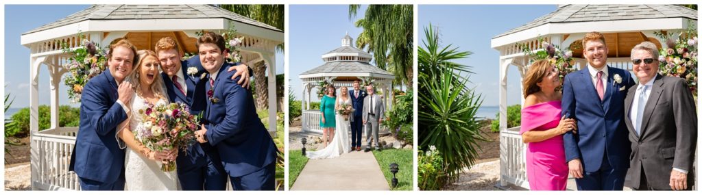 Left photo of bride and groom with sibling laughing and smiling, center photo of bride and groom smiling with brides family, right photo of groom with his mom and dad in Tampa Florida