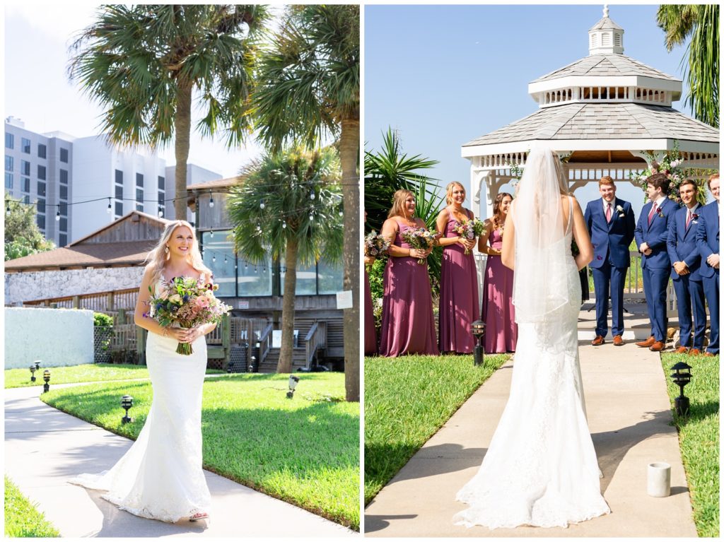 Bride walking down the isle outside towards with the Rusty Pelican in the background in left photo and groom just memorized watching his bride coming up the isle with gazebo in background in Tampa Florida.