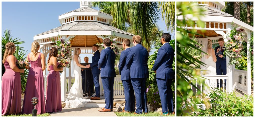 Rusty Pelican daytime wedding ceremony with gazebo in Tampa Florida shown left photo, and right photo of groom reading his vows under a gazebo 