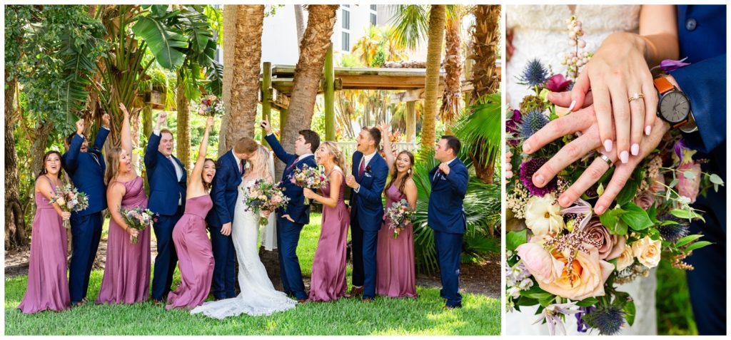 Left photo of bride and broom kissing while bridal party cheers them on emphatically at Rusty Pelican wedding in Tampa Florida and right photo shows detail shot of wedding rings, watch and bouquet.