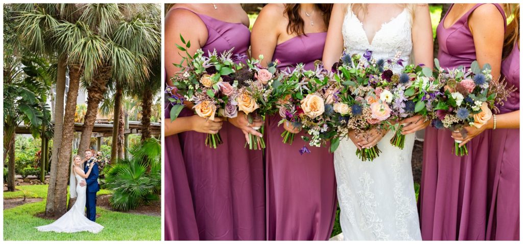 Left photo of bride and groom standing face to face smiling at the camera with bouquet around his neck and right photo of bride and bridesmaids holding their bouquets together