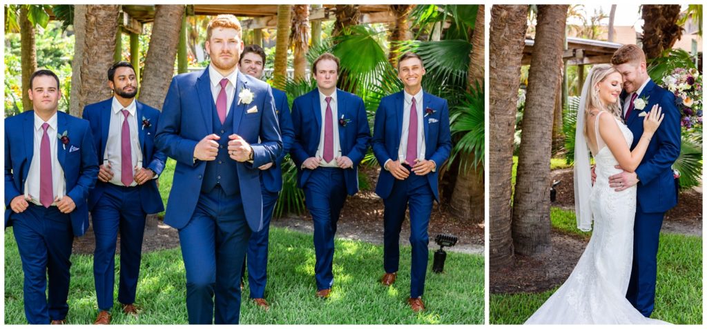 Left photo of Groom and groomsmen walking towards the camera and right photo of bride and groom holing one another while she looks soft smiles down her shoulder at Tampa Rusty Pelican Wedding