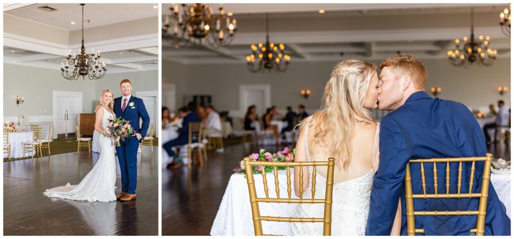 Photo on left of bride and groom holding a bouquet smiling at the camera at the Rusty Pelican Wedding reception and right photo of bride and groom kissing at their sweat heart table with their guests sitting at their table