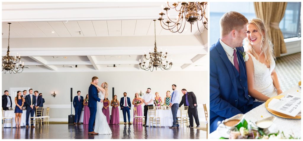 Bride and groom having first dance at Rusty Pelican Wedding venue while everyone stand and watches them in left photo and right photo of bride and groom siting at sweat hart table smiling at one another.