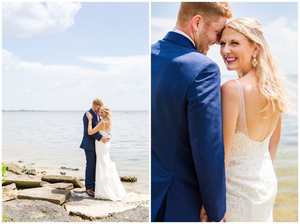 Left photo of Rusty Pelican wedding couple holding each other near the water and right photo of bride and groom facing away from camera with bride looking back at camera smiling