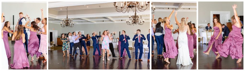 Four photos showing everyone dancing including groom jumping left photo and everyone's hand up third photo at Tampa Rusty Pelican Wedding