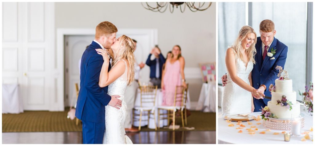 Left photo of bride and groom sharing a kiss during first dance at Tampa Rusty Pelican wedding and right photo of bride and groom cutting their wedding cake with huge smiles.