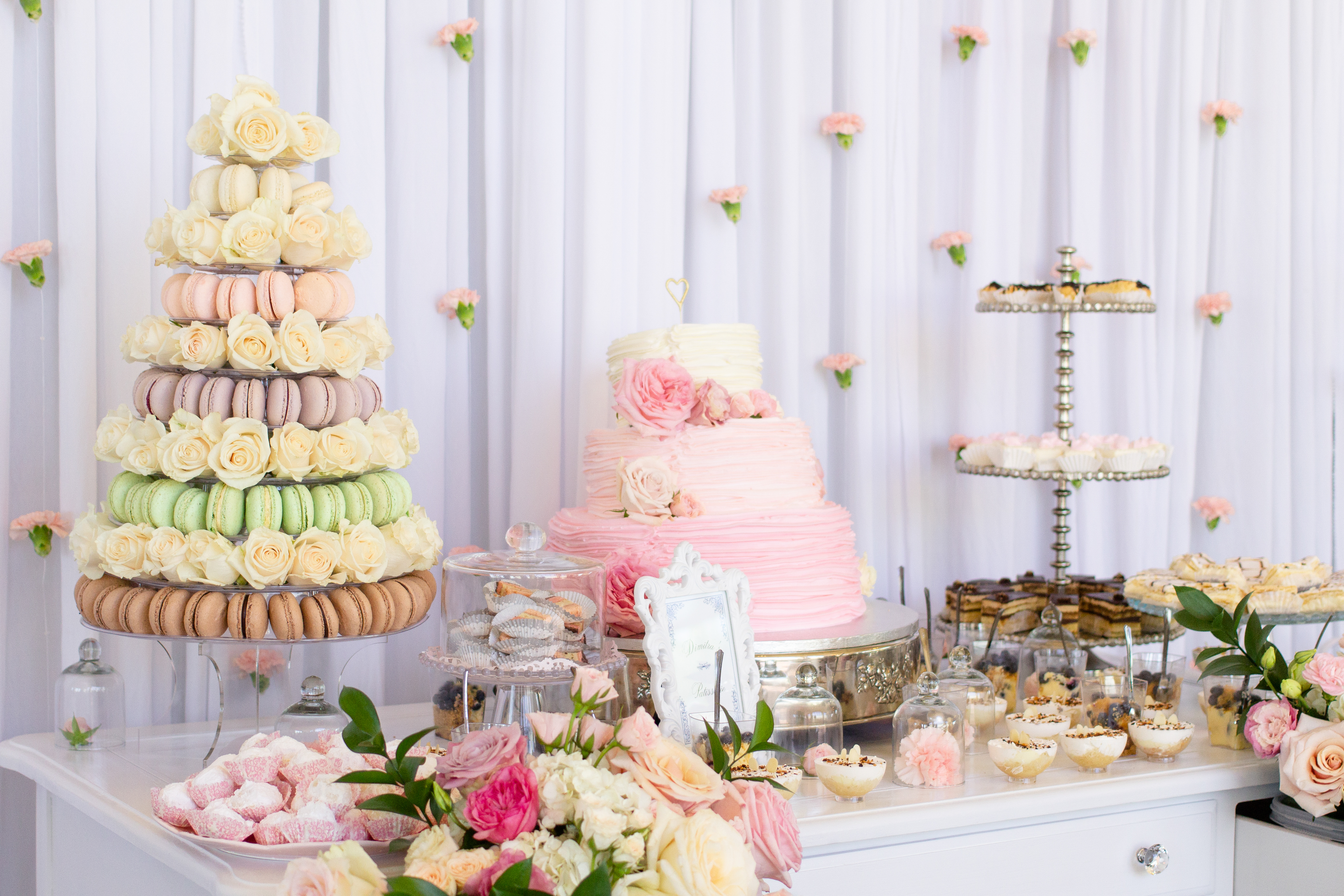Wedding traditions: cake or dessert table. Luxury wedding blush and white dessert table