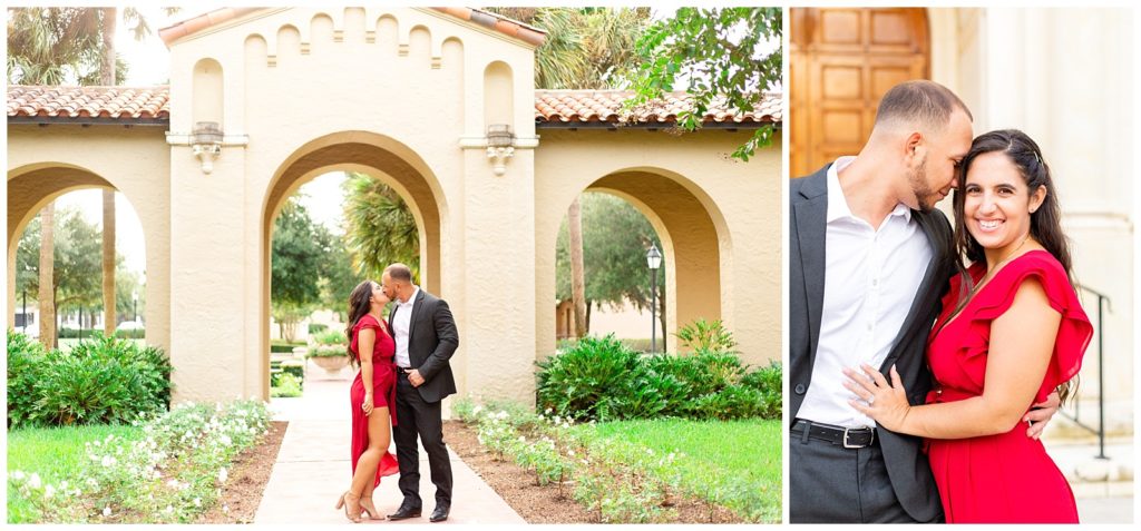 Engaged couple in orlando florida in red dress and suit take their engagement photos at Rollins College.