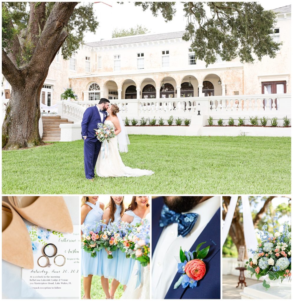Collage of bride and groom's sky blue and peach wedding in Florida