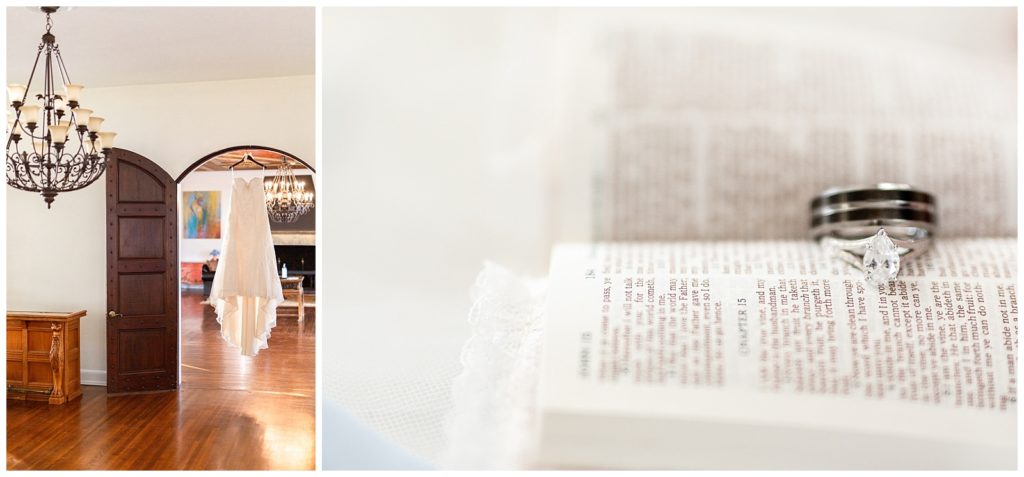Photo on left of wedding dress hanging in doorway with chandelier, photo on right of wedding rings inside of an open bible