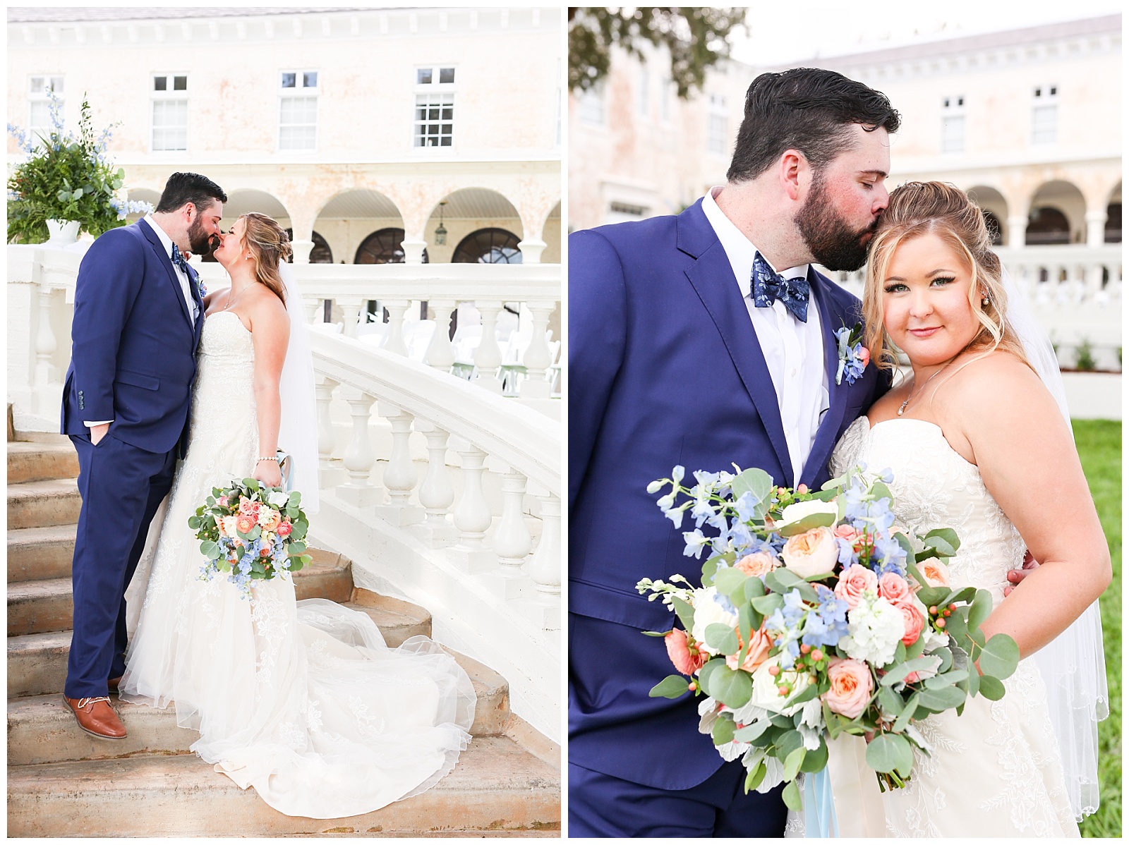 photo on left of bride and groom on staircase in front of venue, photo on right of groom kissing the bride on the head and bride looking ant the camera holding her bouquet