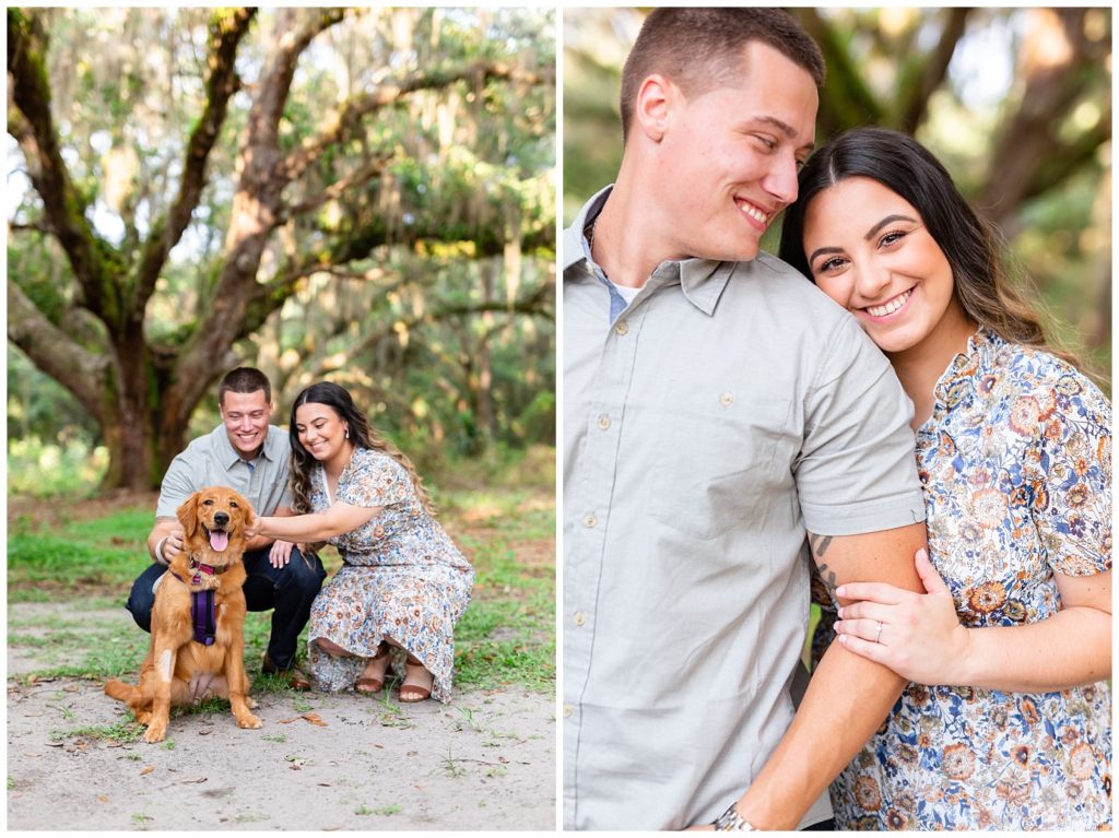 Photo on left shows couple petting their golden retriever as they all smile. Photo on right of beautiful young girl standing behind her fiance holding is arm and leaning on to his shoulder.