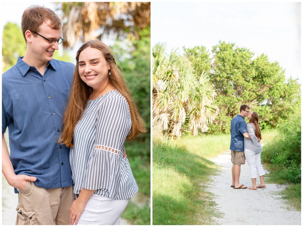 Photo on left of engaged girl smiling at the camera while finance smiles at her and right photo of both facing away from the camera kissing in Dunedin Florida
