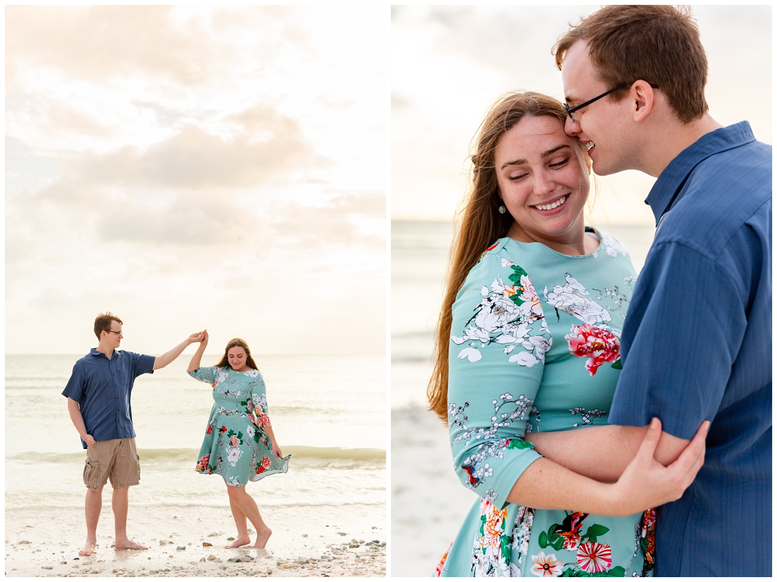 Left photo of engaged couple standing on the beach as she twirls on her blue flowery dress and right photo of guy kissing fiancé on the temple as she giggles at Honeymoon Island, Dunedin Florida.