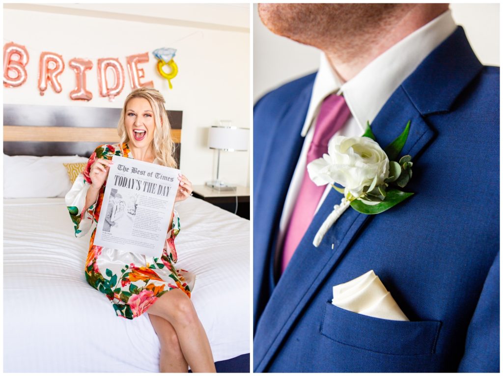 Left photo of bride sitting on a bed holding a newspaper about her wedding day story as she smiles at the camera and right photo is of detail shot from the grooms boutonniere and pocket handkerchief 