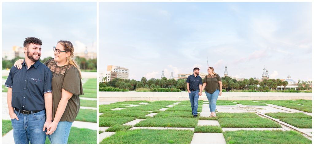 Young engaged couple smiling at each other in left photo and walking while staring into each others eyes in the right photo