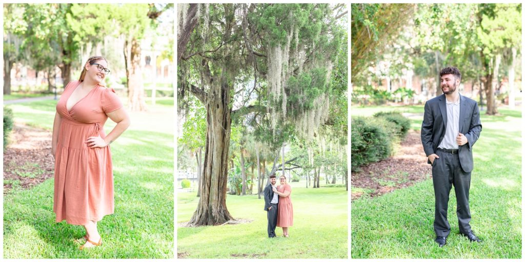 Photo on left of future bride in peach dress looking to the right while photo on left of future groom in suit looking to the left and center photo of couple smiling under a huge tree.