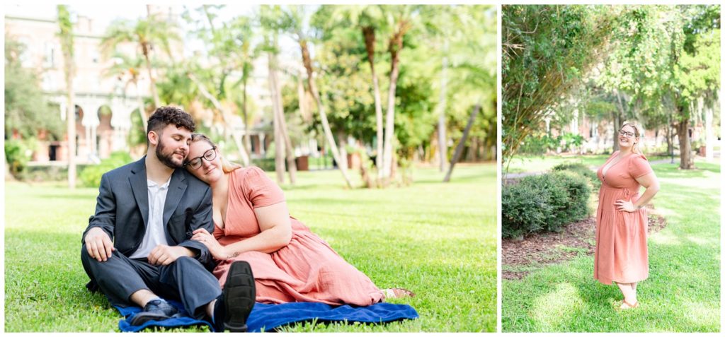 Left photo shoes couple sitting on blanket in the garden of the University of Tampa and right photo of future bride in peach dress smiling at camera.