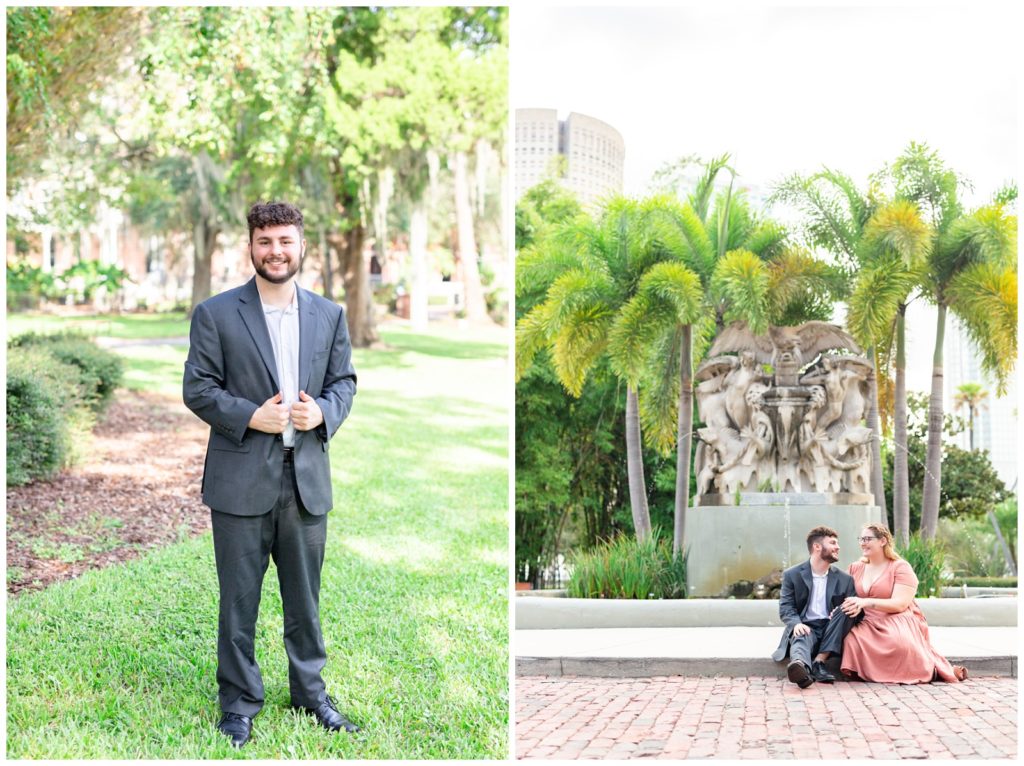 Future groom smiling at camera on left photo and couple sitting in front of fountain on the right. 