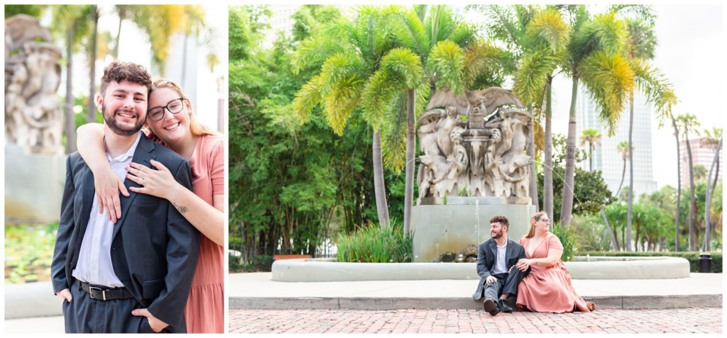 Left photo future bride in peach dress holding her fiance while both smiling at camera and right photo couple looking opposite ways while seated in front of a fountain.